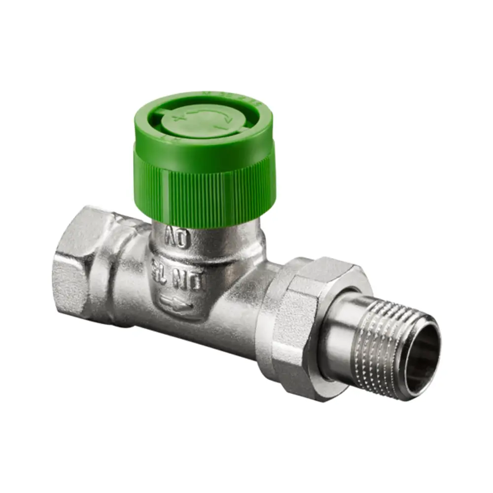 Thermostatventil mit grünem Griffrad und metallischem Körper. Verbindungsteile für die Installation, geeignet für Heizungsysteme. Oventrop-Produkt.